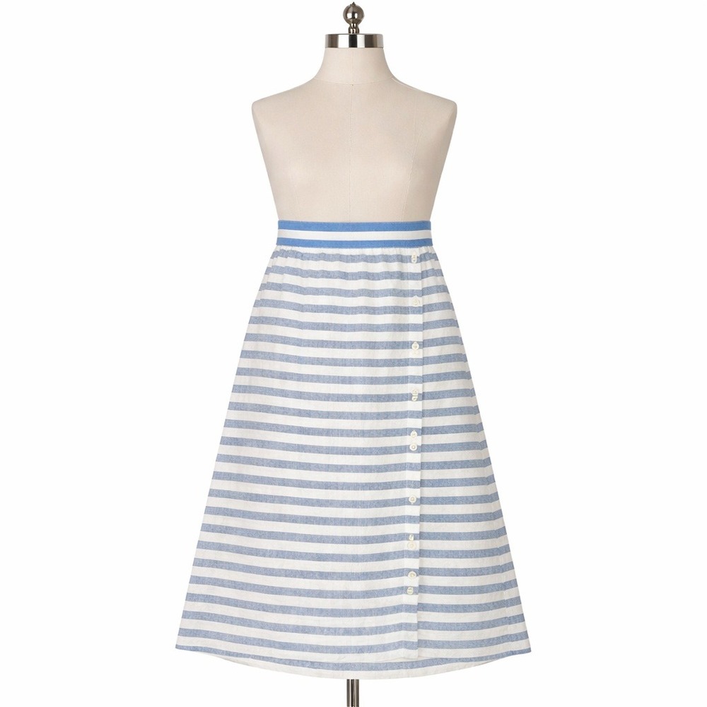 J.Jill Love Linen Striped Button Front Midi Skirt Blue White 100% Linen Womens S